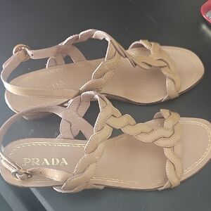 PRADA Beige Braided Leather Slingback Sandals